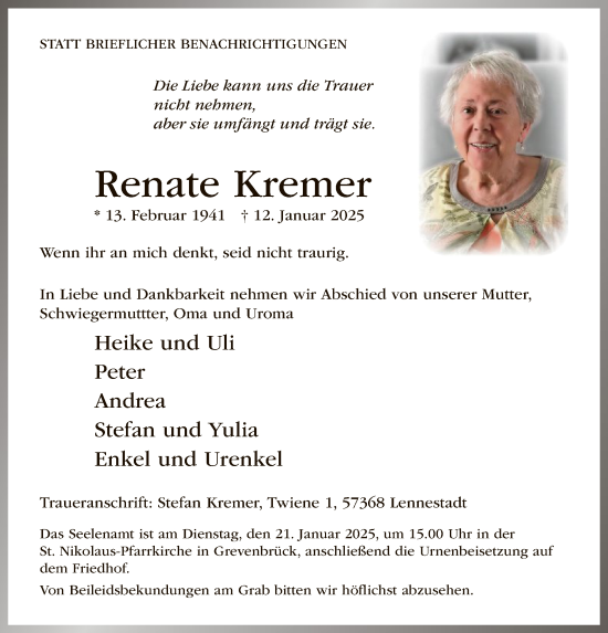 Traueranzeige von Renate Kremer von WA