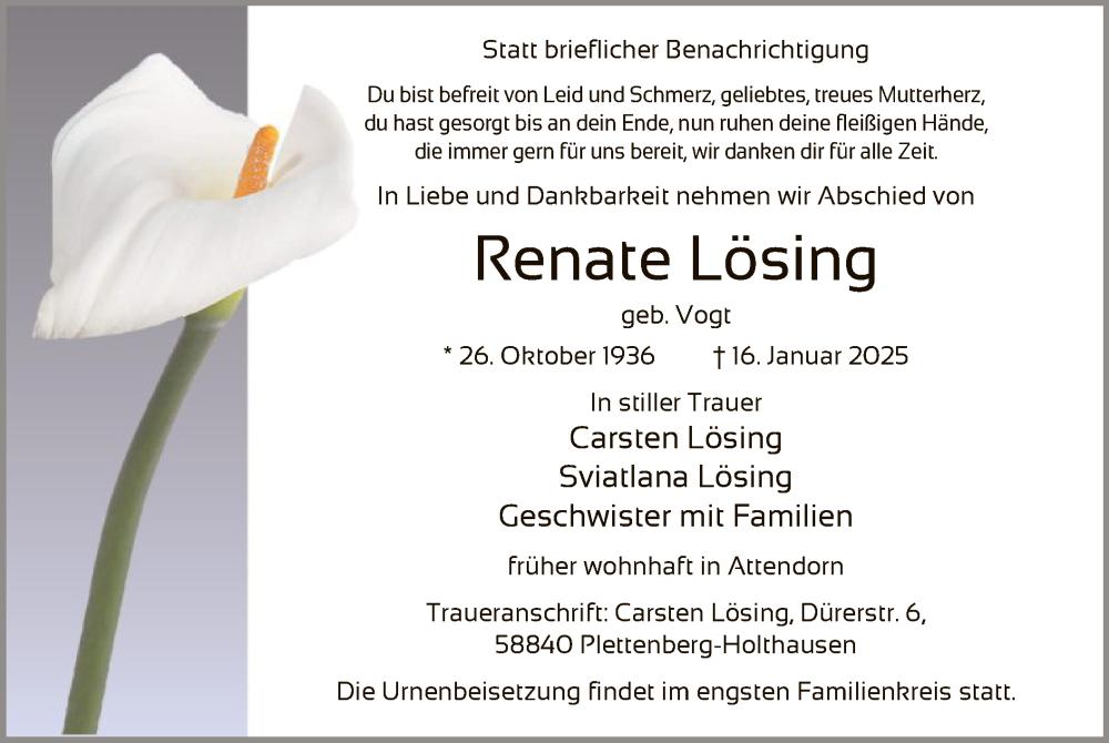  Traueranzeige für Renate Lösing vom 25.01.2025 aus WA
