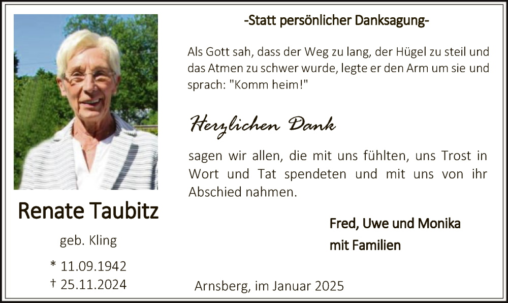  Traueranzeige für Renate Taubitz vom 11.01.2025 aus WA