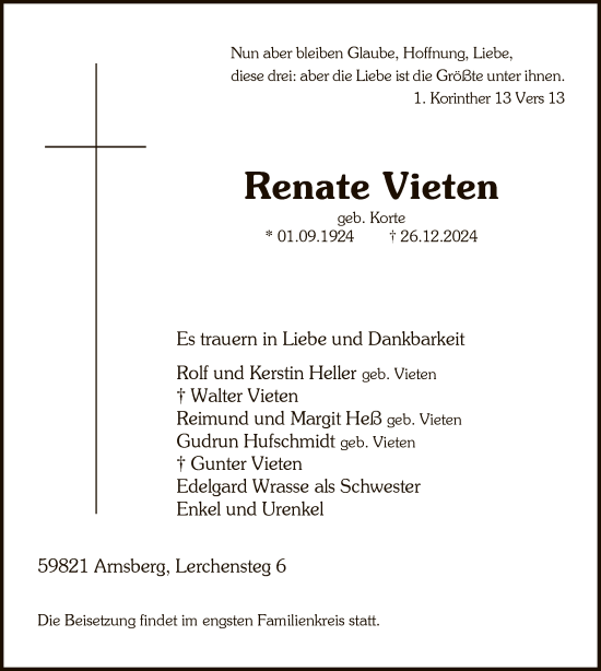 Traueranzeige von Renate Vieten von WA
