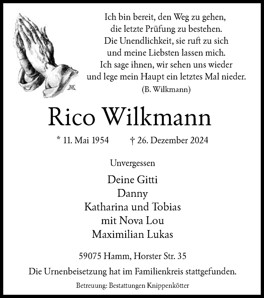  Traueranzeige für Rico Wilkmann vom 17.01.2025 aus WA