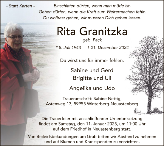 Traueranzeige von Rita Granitzka von WA