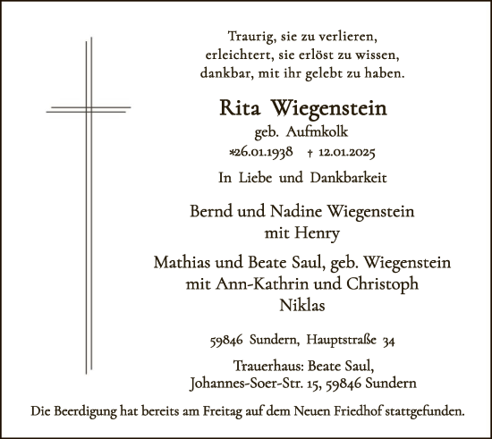 Traueranzeige von Rita Wiegenstein von WA