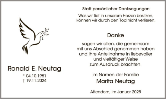 Traueranzeige von Ronald E. Neutag von WA
