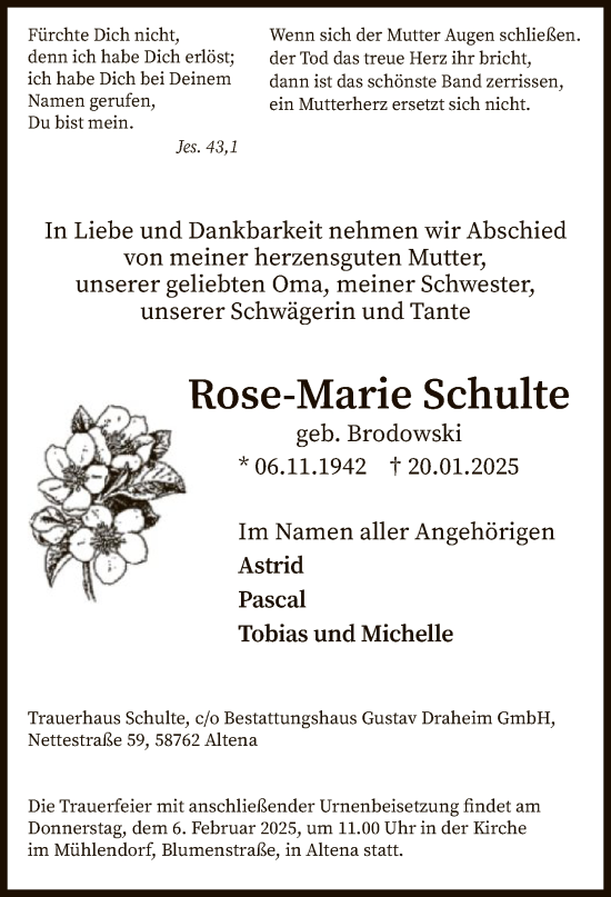 Traueranzeige von Rose-Marie Schulte von WA
