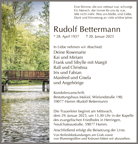 Traueranzeige von Rudolf Bettermann von WA