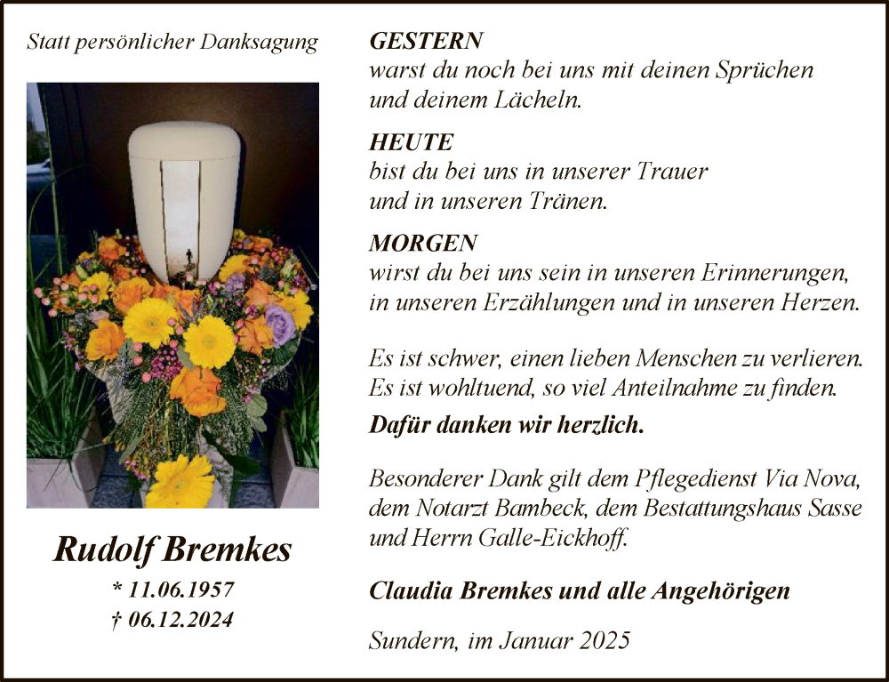  Traueranzeige für Rudolf Bremkes vom 18.01.2025 aus WA