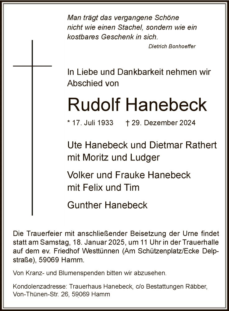  Traueranzeige für Rudolf Hanebeck vom 11.01.2025 aus WA