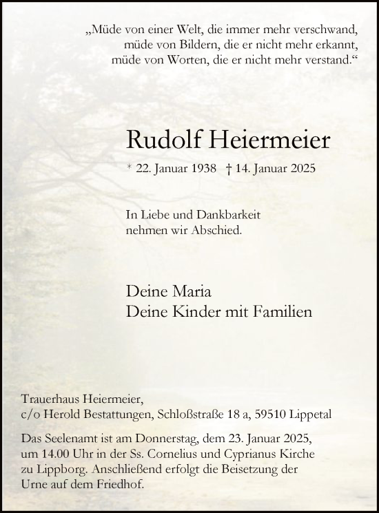Traueranzeige von Rudolf Heiermeier von WA