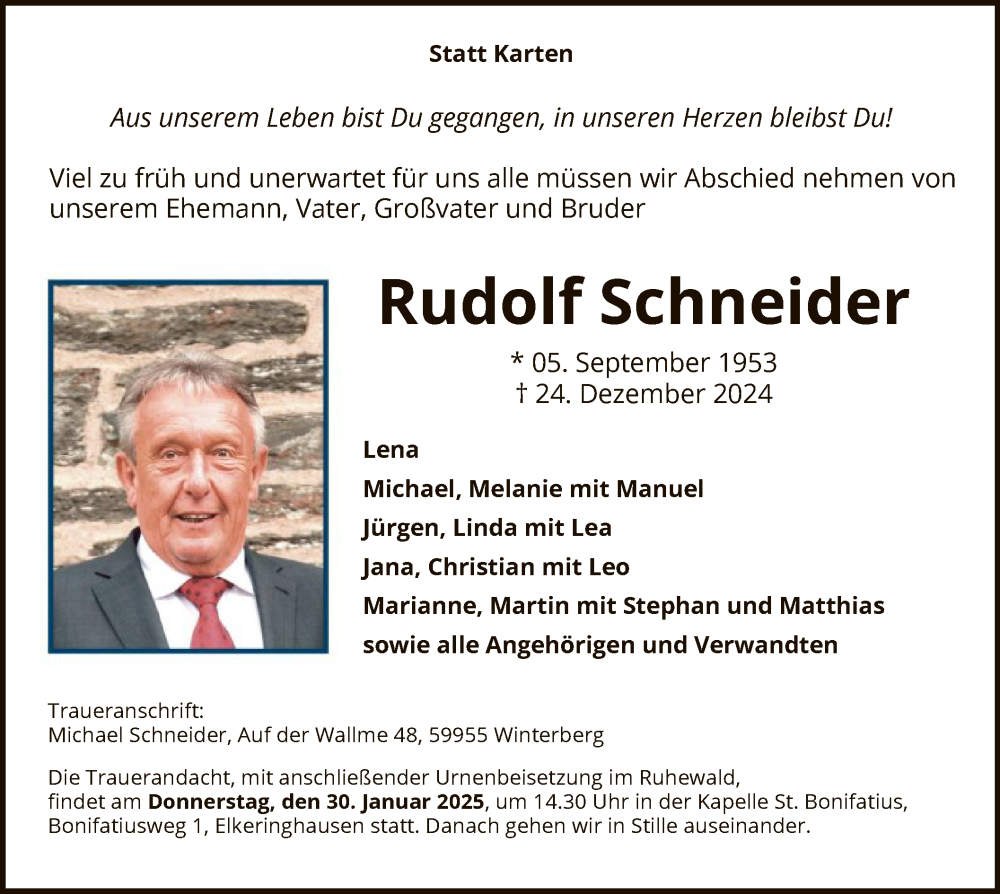  Traueranzeige für Rudolf Schneider vom 18.01.2025 aus WA