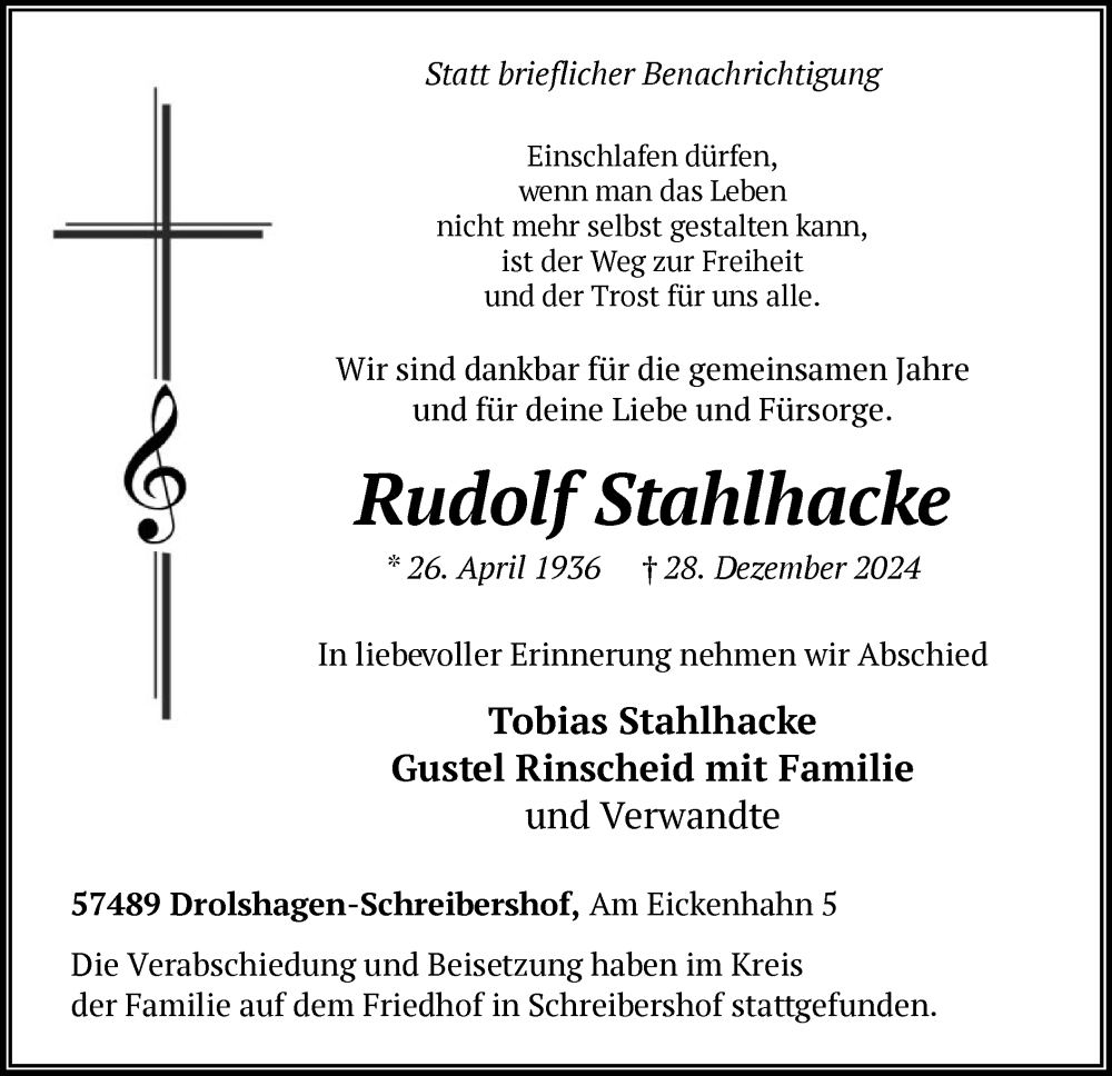  Traueranzeige für Rudolf Stahlhacke vom 04.01.2025 aus WA