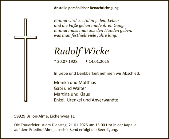 Traueranzeige von Rudolf Wicke von WA