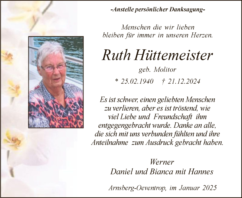  Traueranzeige für Ruth Hüttemeister vom 25.01.2025 aus WA