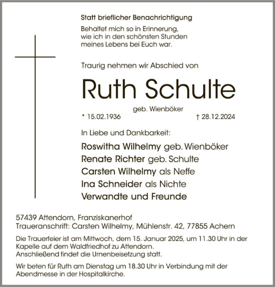 Traueranzeige von Ruth Schulte von WA