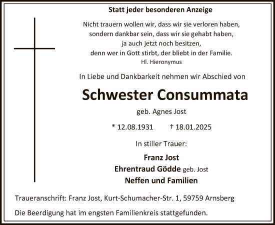 Traueranzeige von Schwester Consummata von WA