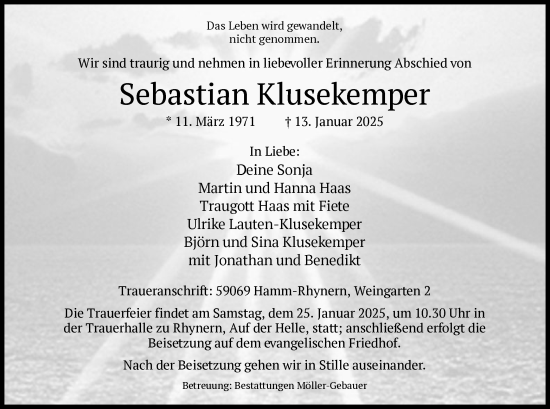 Traueranzeige von Sebastian Klusekemper von WA