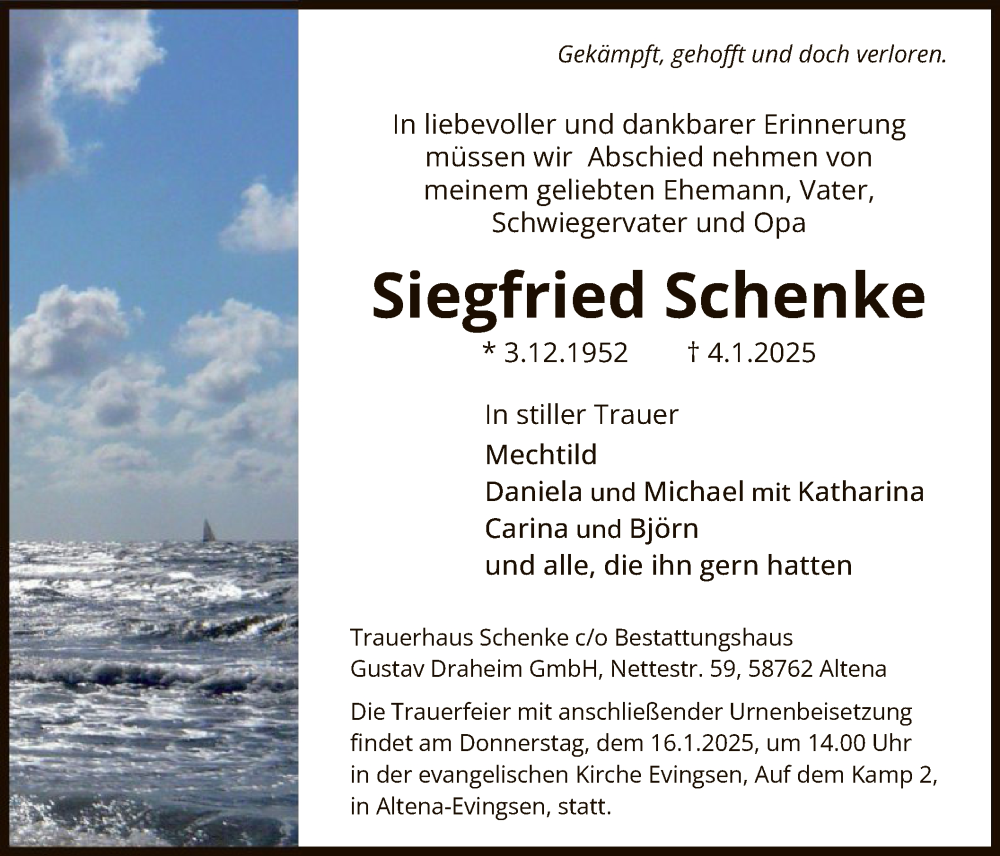  Traueranzeige für Siegfried Schenke vom 11.01.2025 aus WA