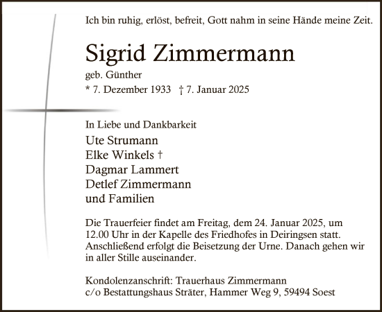 Traueranzeige von Sigrid Zimmermann von WA
