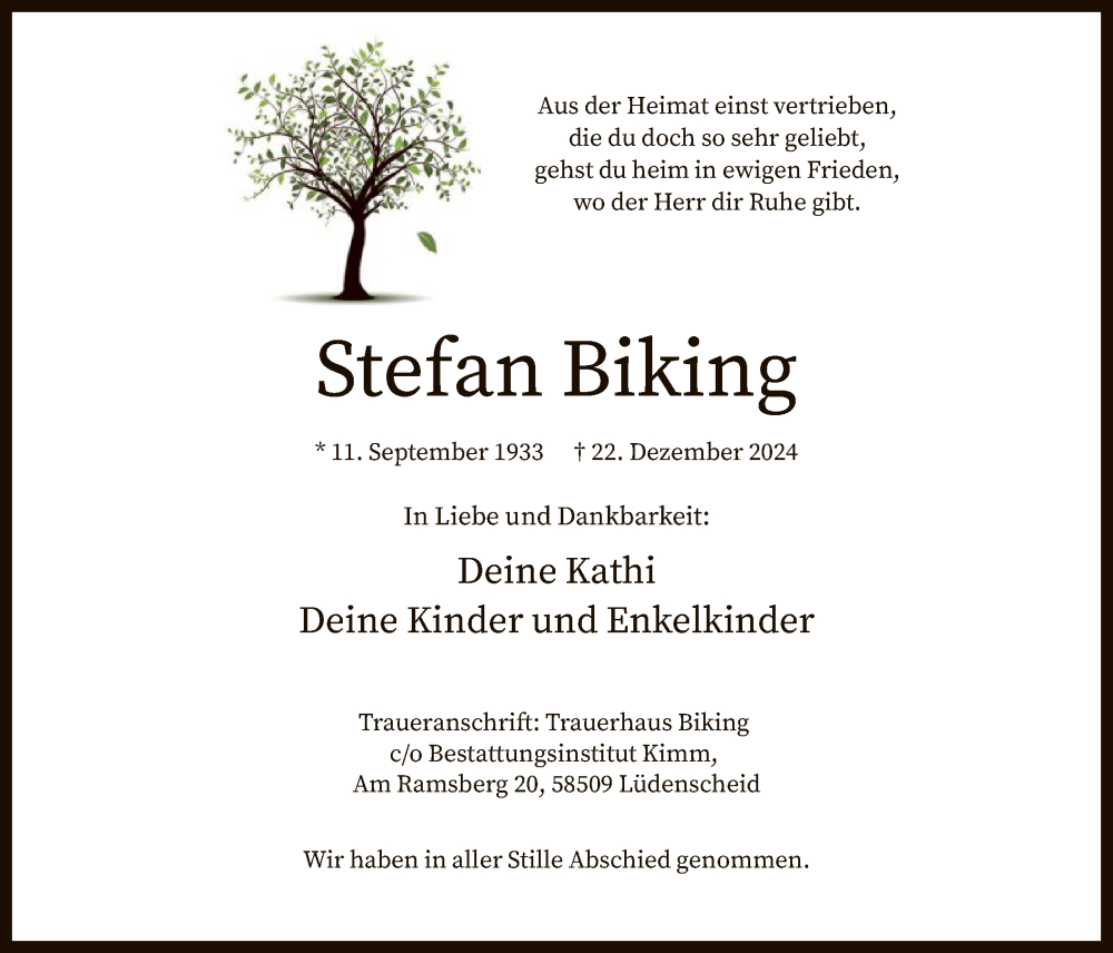  Traueranzeige für Stefan Biking vom 11.01.2025 aus WA
