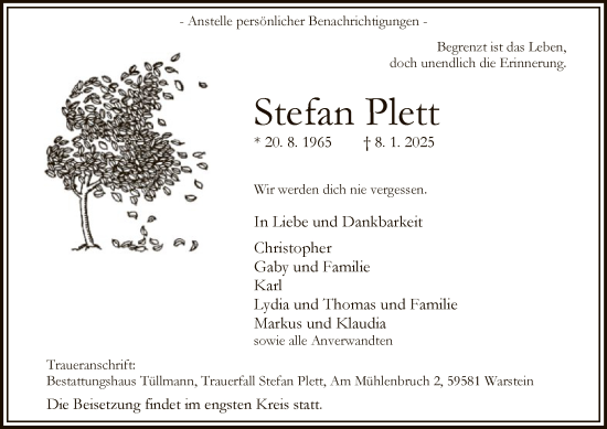 Traueranzeige von Stefan Plett von WAWA