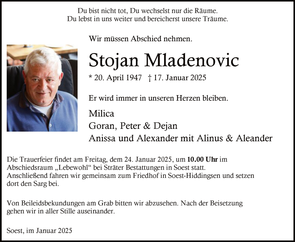  Traueranzeige für Stojan Mladenovic vom 22.01.2025 aus WA