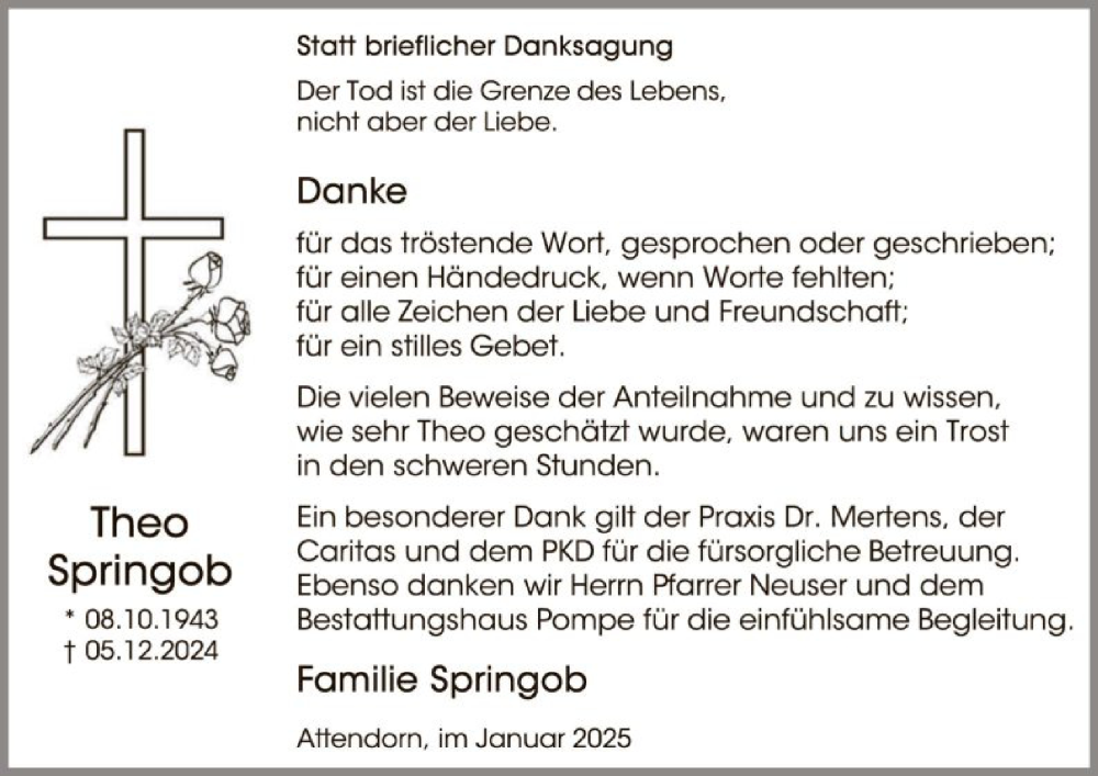  Traueranzeige für Theo Springob vom 11.01.2025 aus WA