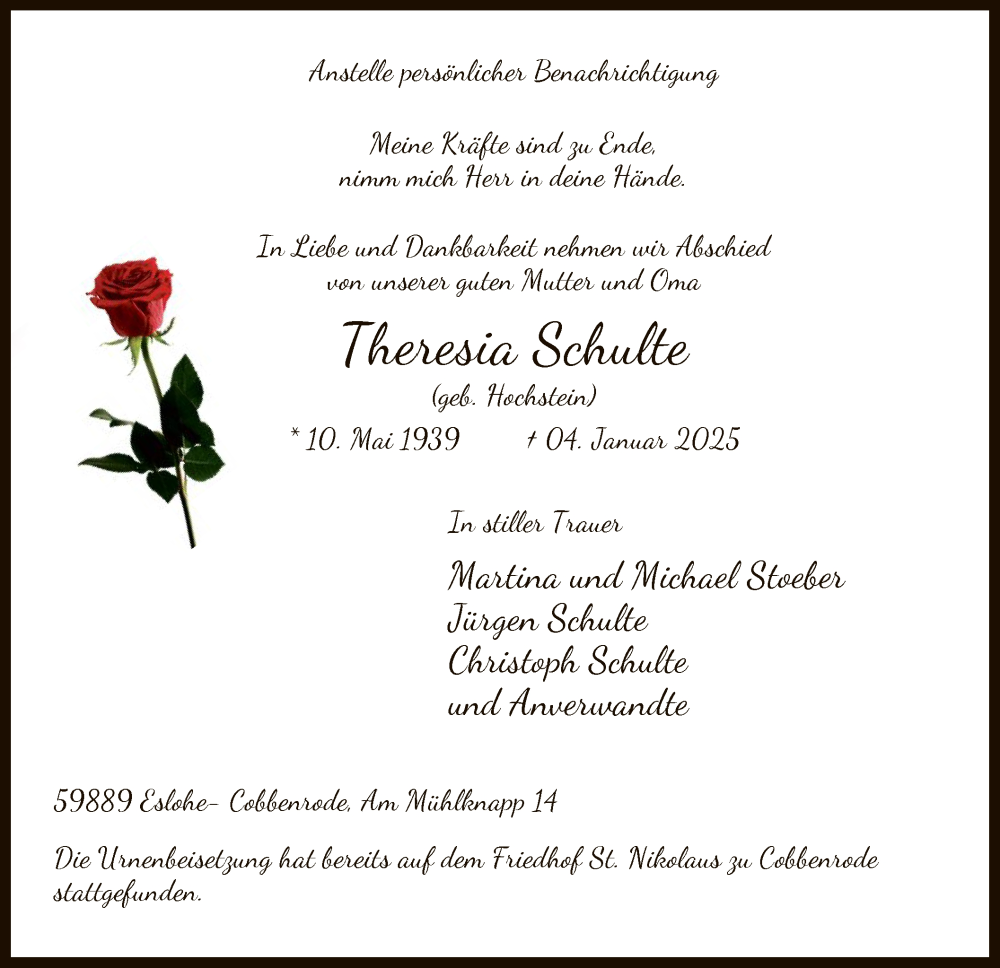  Traueranzeige für Theresia Schulte vom 11.01.2025 aus WA