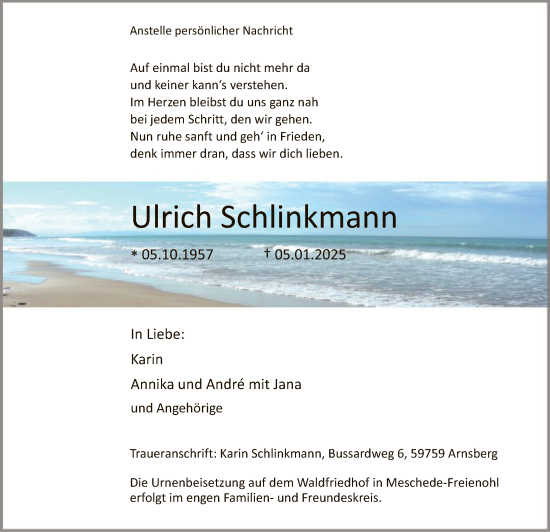 Traueranzeige von Ulrich Schlinkmann von WA