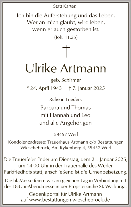Traueranzeige von Ulrike Artmann von WA