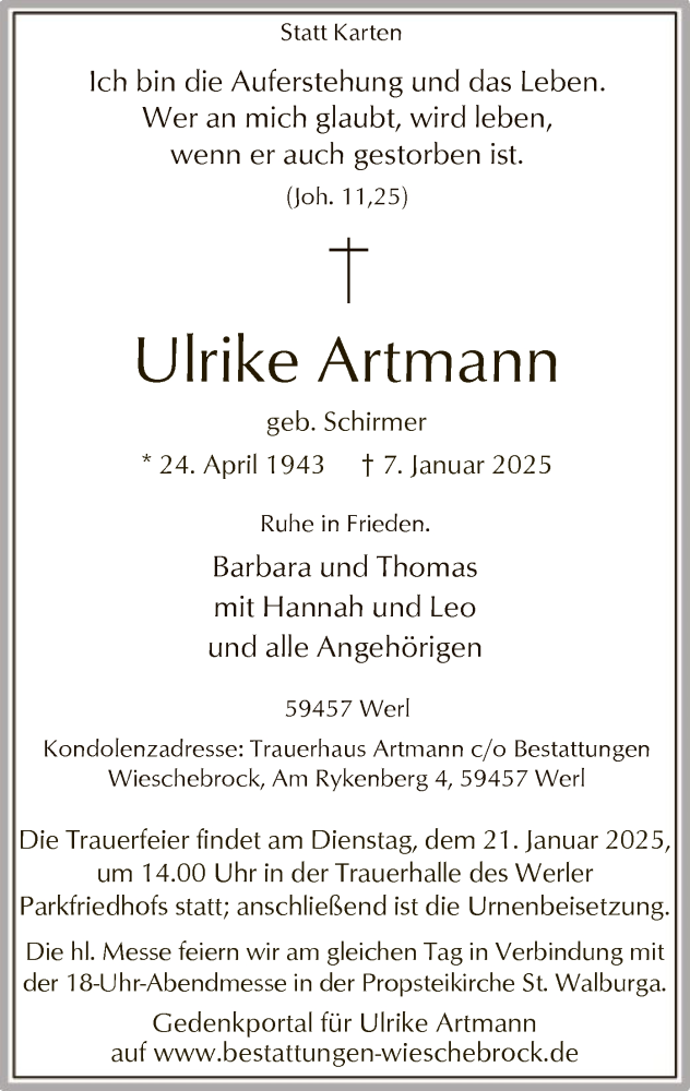  Traueranzeige für Ulrike Artmann vom 15.01.2025 aus WA