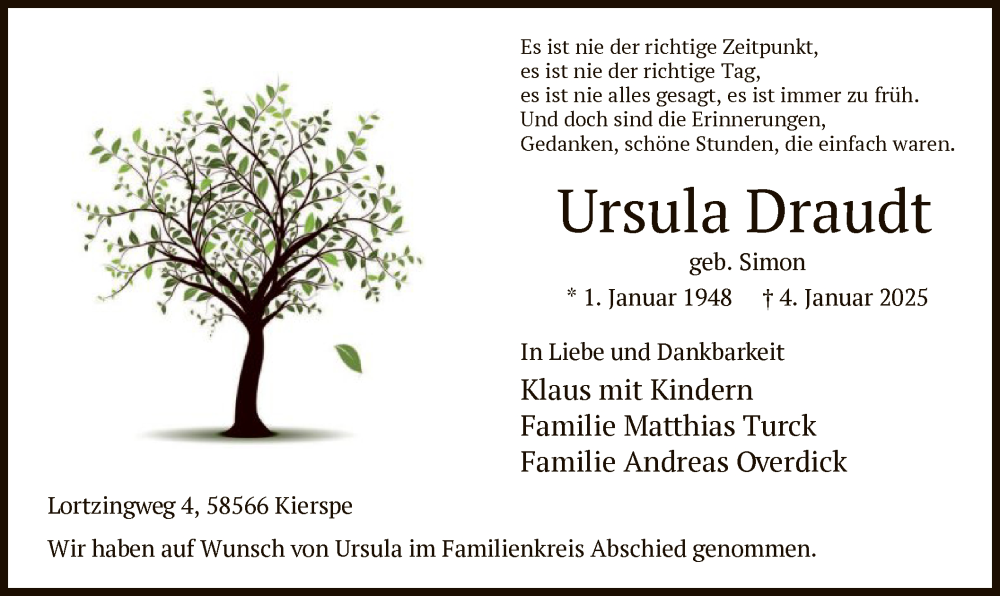  Traueranzeige für Ursula Draudt vom 18.01.2025 aus WA