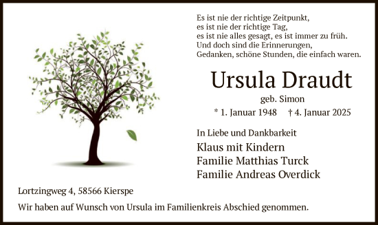 Traueranzeige von Ursula Draudt von WA