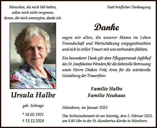 Traueranzeige von Ursula Halbe von WA