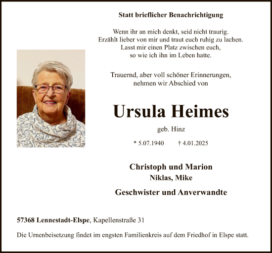 Traueranzeige von Ursula Heimes von WA