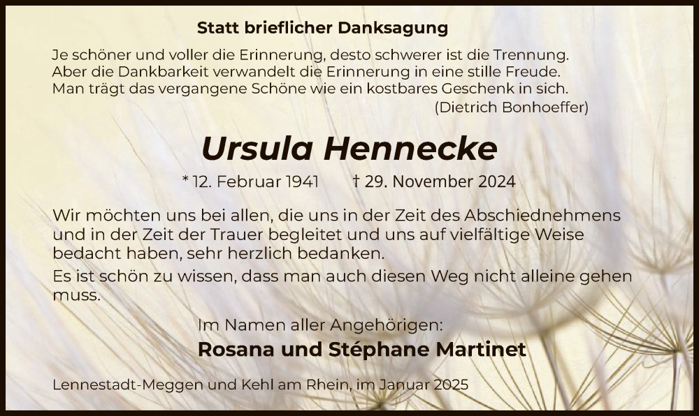  Traueranzeige für Ursula Hennecke vom 25.01.2025 aus WA