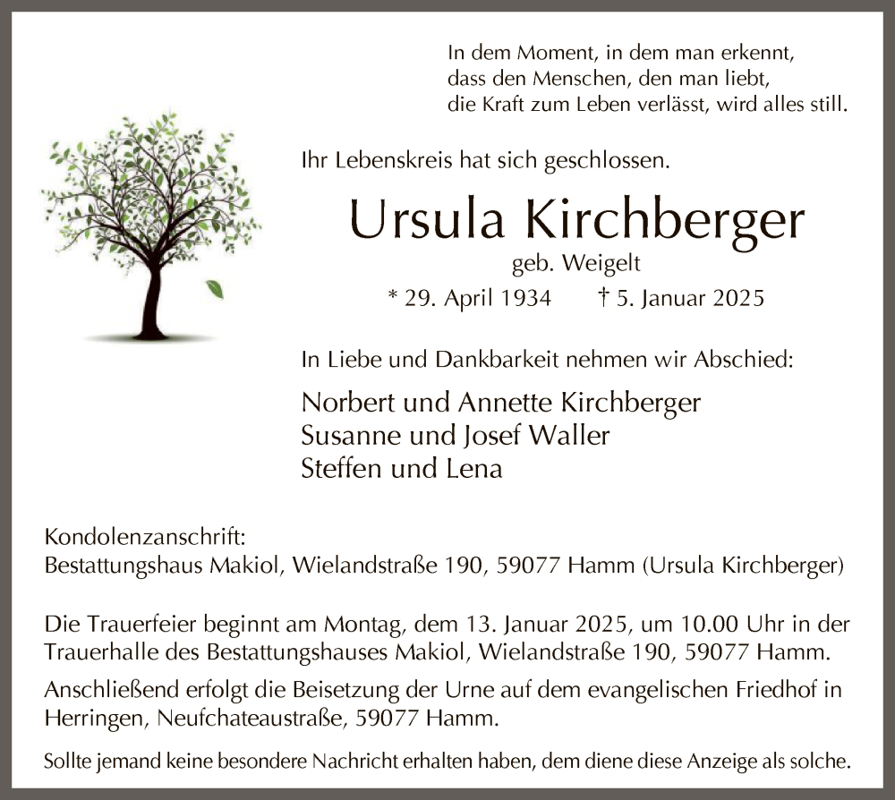  Traueranzeige für Ursula Kirchberger vom 11.01.2025 aus WA