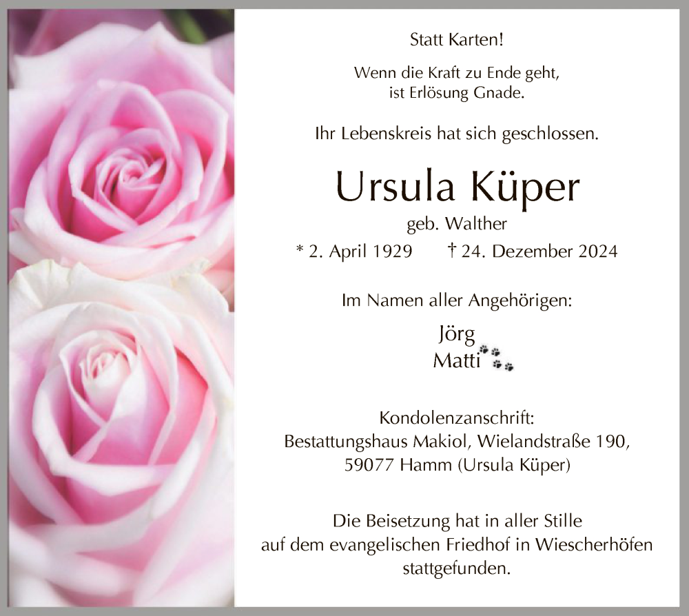 Traueranzeige für Ursula Küper vom 04.01.2025 aus WA