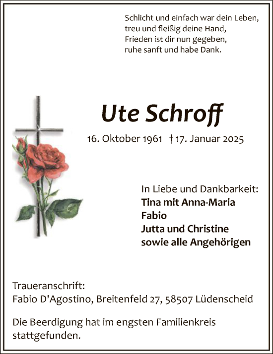 Traueranzeige von Ute Schroff von WA