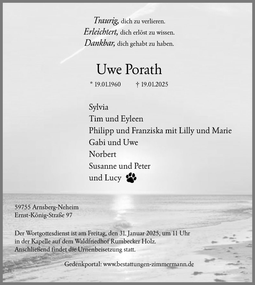  Traueranzeige für Uwe Porath vom 25.01.2025 aus WA