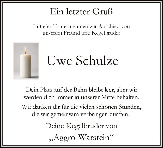 Traueranzeige von Uwe Schulze von WA