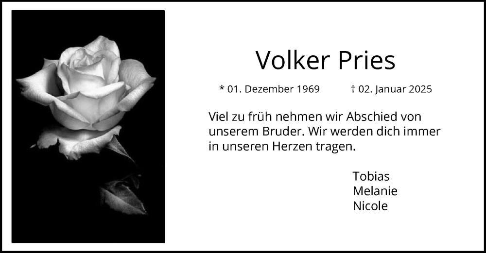  Traueranzeige für Volker Pries vom 11.01.2025 aus WA