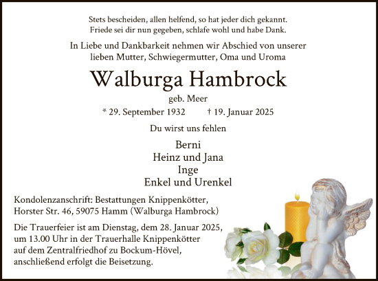 Traueranzeige von Walburga Hambrock von WA