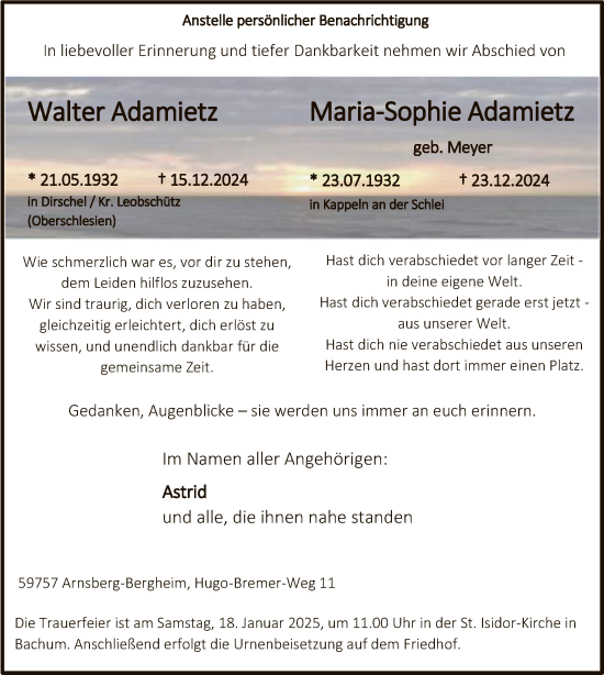 Traueranzeige von Walter und Maria-Sophie Adamietz von WA