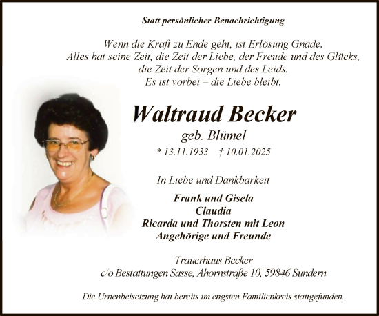 Traueranzeige von Waltraud Becker von WA