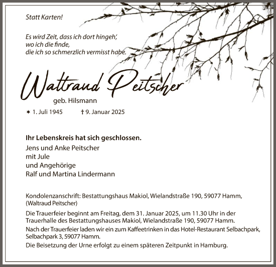 Traueranzeige von Waltraud Peitscher von WA
