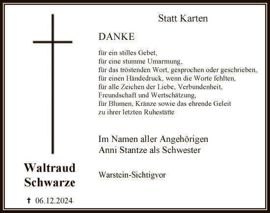 Traueranzeige von Waltraud Schwarze von WAWA