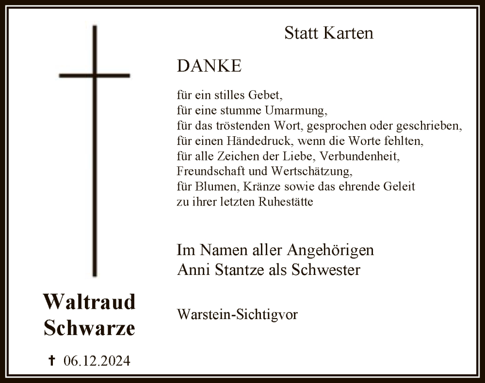  Traueranzeige für Waltraud Schwarze vom 23.01.2025 aus WAWA