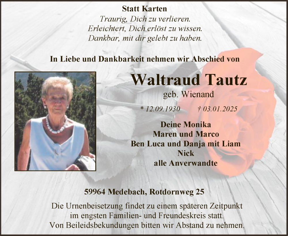 Traueranzeige für Waltraud Tautz vom 11.01.2025 aus WA