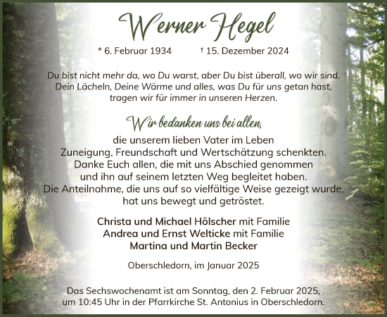 Traueranzeige von Werner Hegel von WA