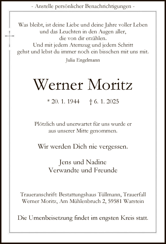 Traueranzeige von Werner Moritz von WA